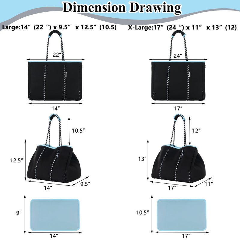 QOGiR Neoprene Multipurpose Beach Bag Tote with Inner Zipper Pocket (Pure Black, X-Large) - Image 5